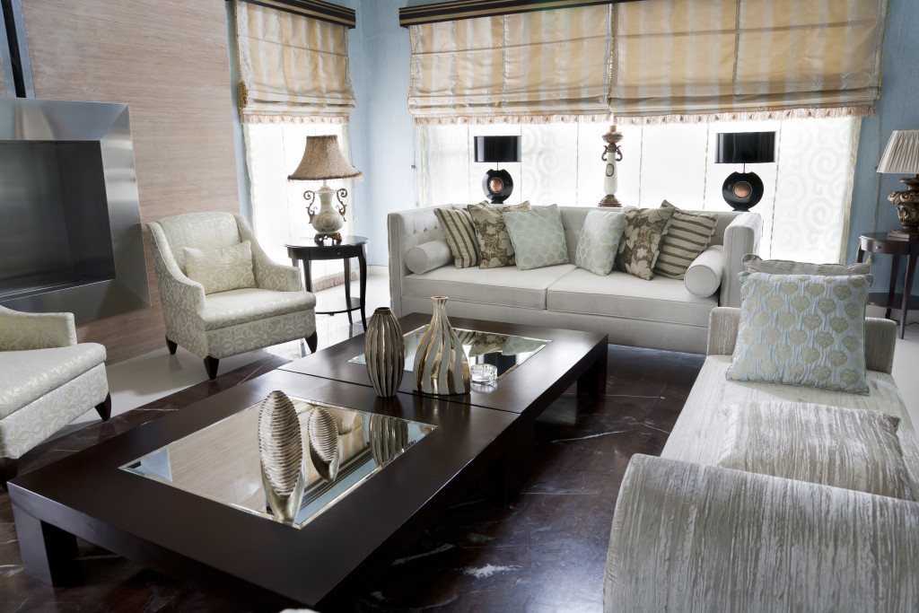white and brown living room setup