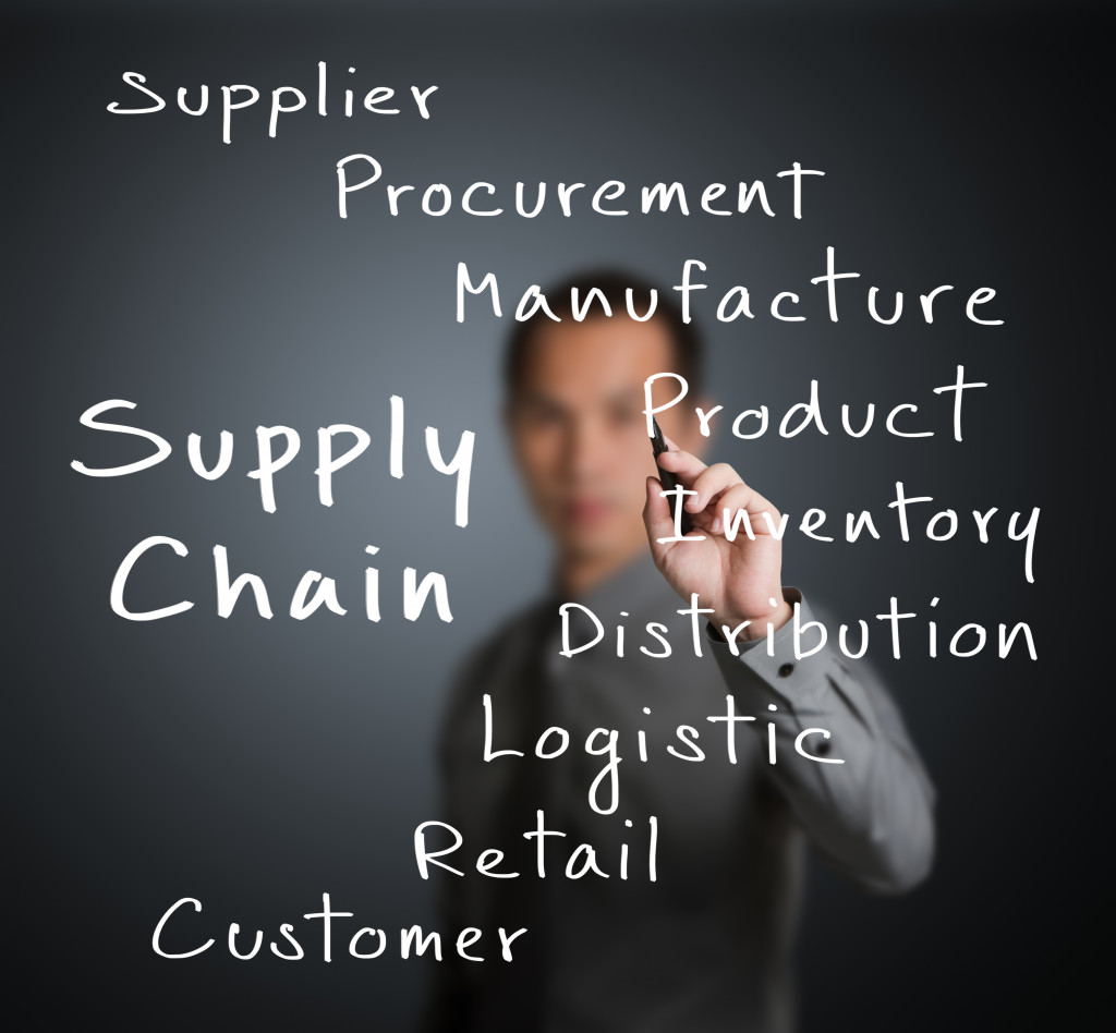 Businessman writing supply chain management concept 