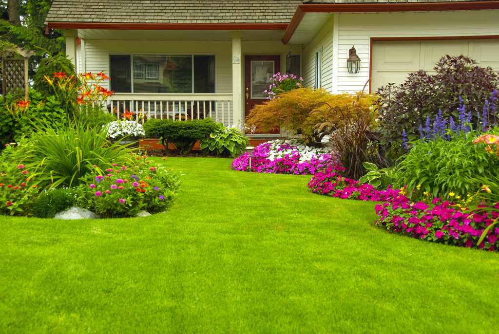 An attractive front lawn with a garden in full bloom